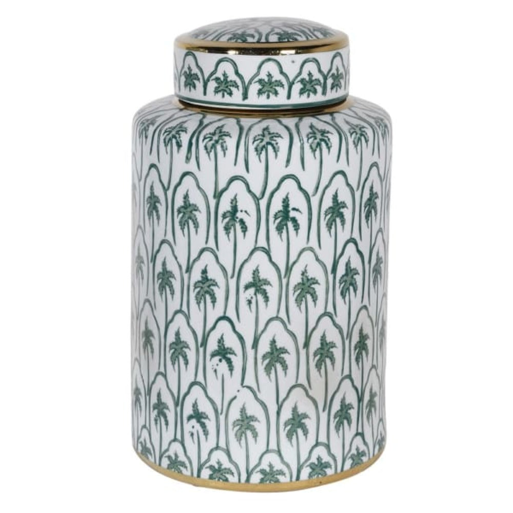 Ceramic Green & Gold Palms Jar