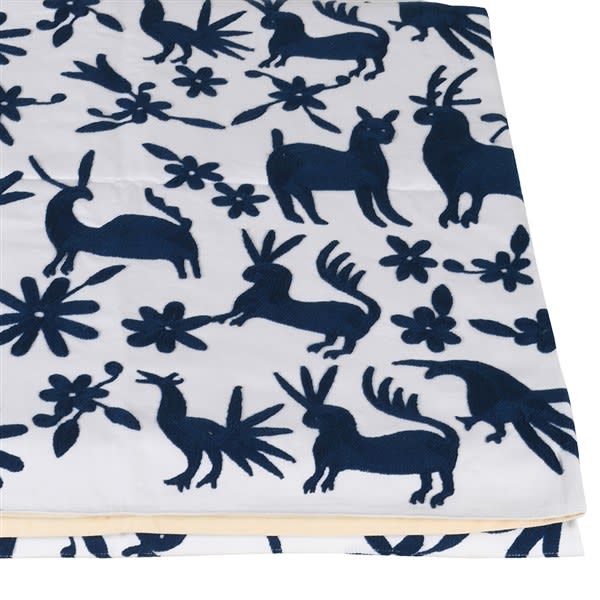 Navy Embroidered Deer Throw with Tassels