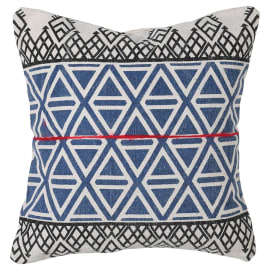 Blue patterned cushion with red stripe
