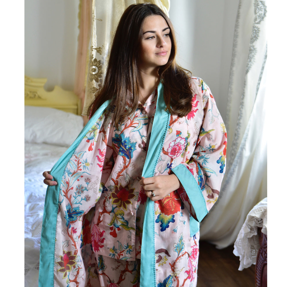 Pink Exotic Flower Ladies Dressing Gown With Blue Block Trims Town Country Interiors