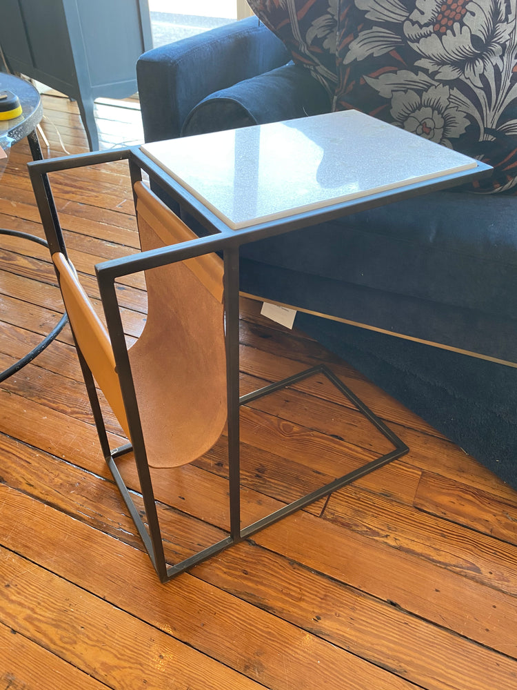 White Marble Side Table with Leather Magazine Holder