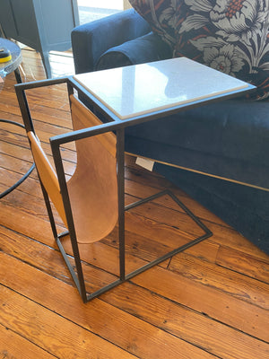White Marble Side Table with Leather Magazine Holder