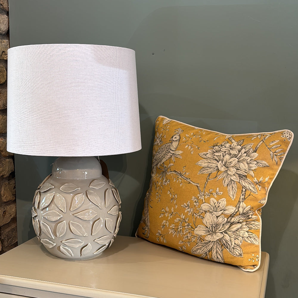 Grey Flower Lamp with White Linen Shade