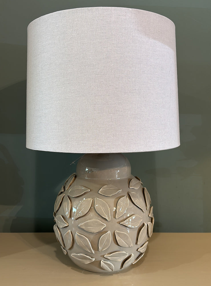 Grey Flower Lamp with White Linen Shade