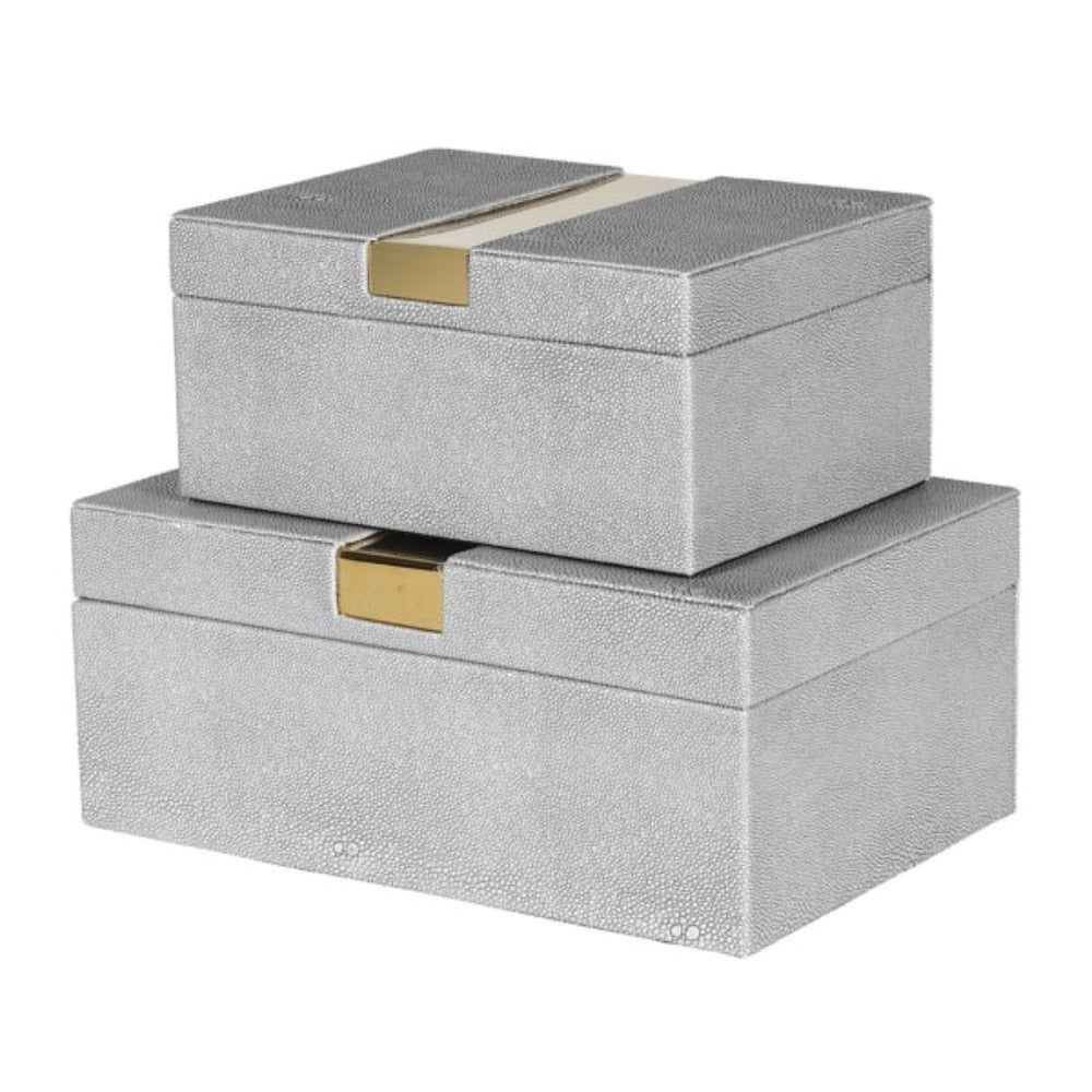 Set of 2 Faux Shagreen Boxes with Gold Trim