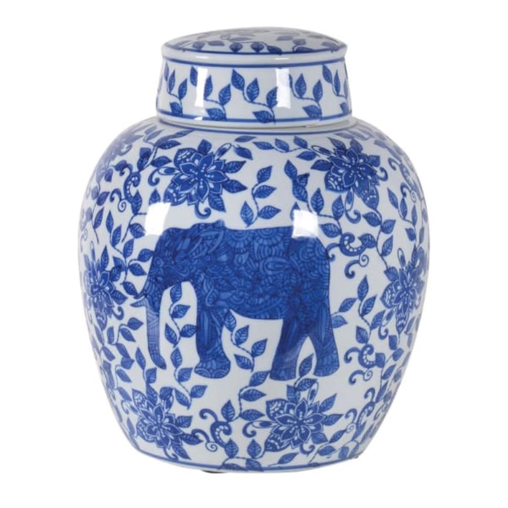 Hand Painted Blue and White Elephant Ceramic Lidded Jar