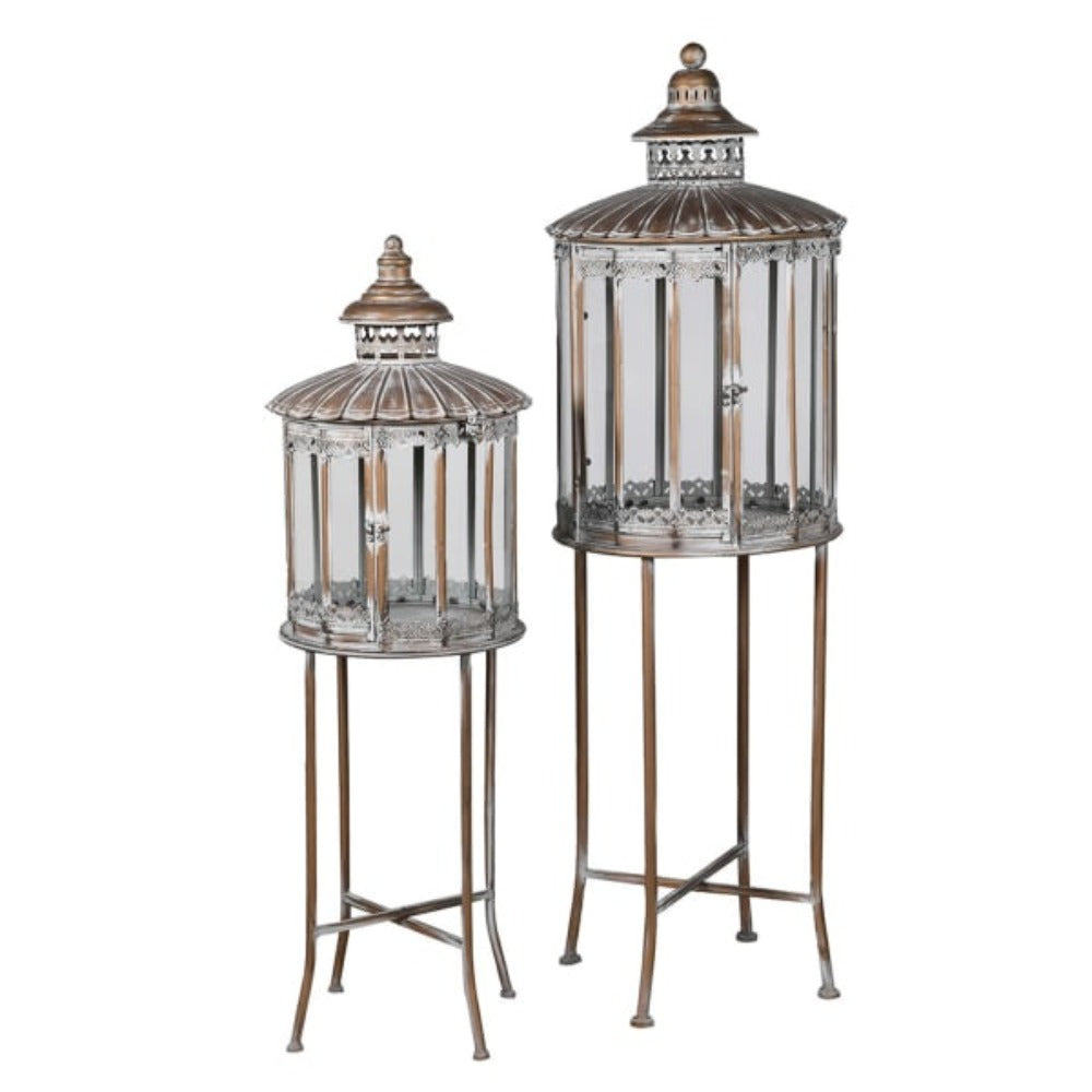 Set of 2 Antique Gold Lanterns with Stand