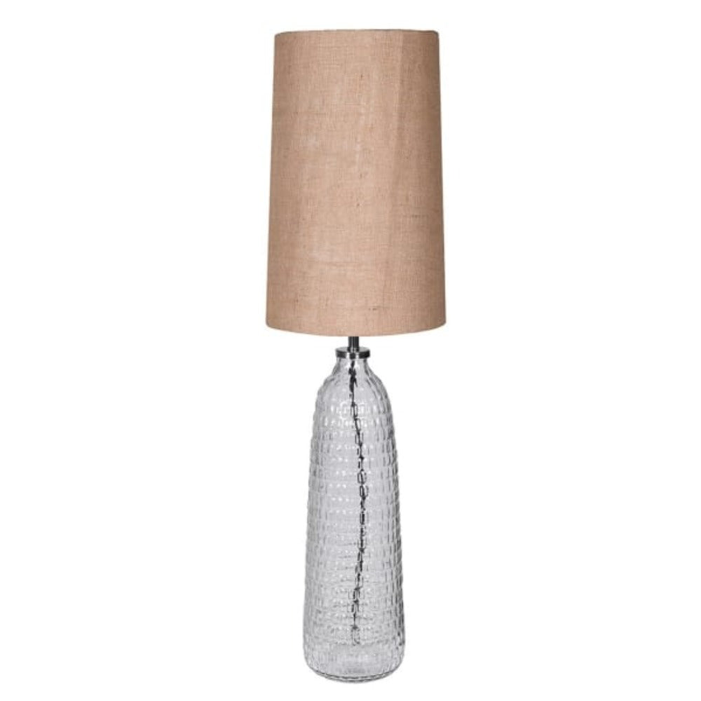Tall Patterned Clear Glass Lamp with Jute Shade