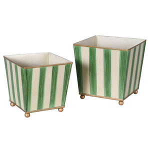 Set of 2 Green Striped Tapered Planters