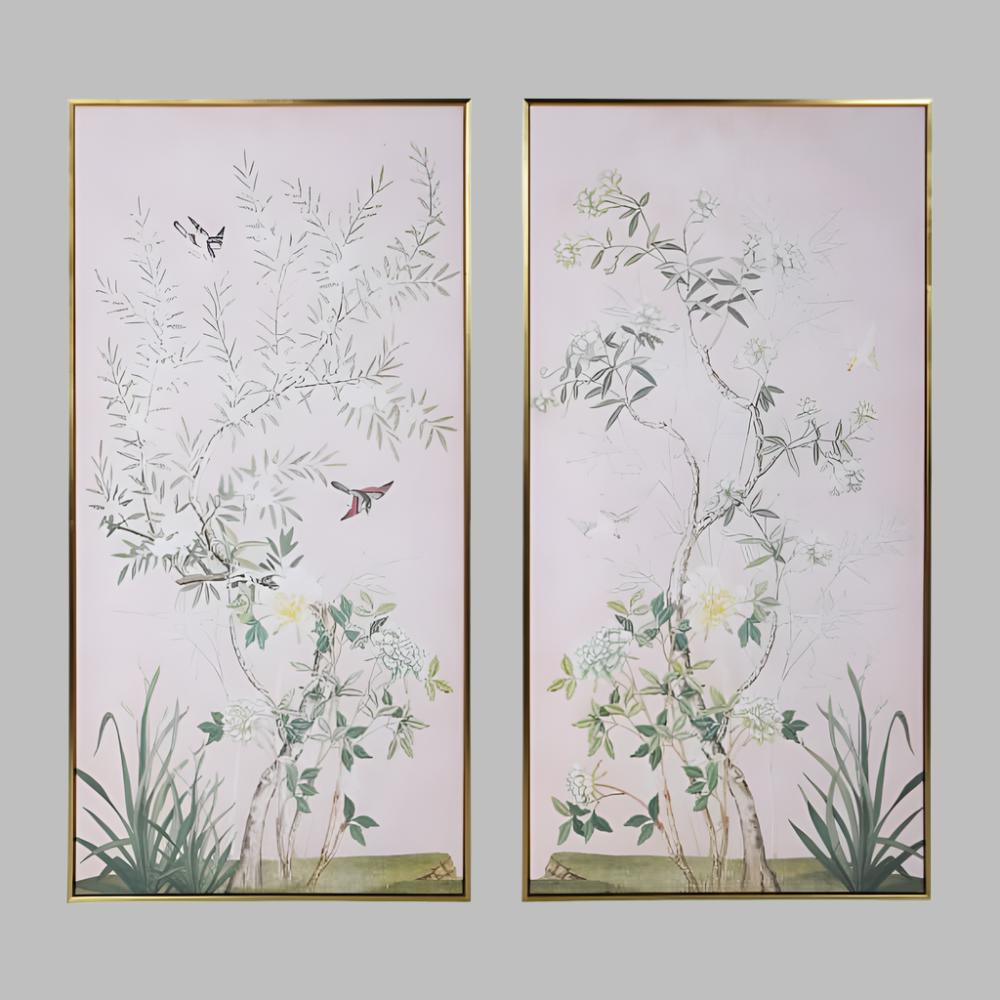 Set of 2 Soft Pink Chinoiserie Floral Pictures