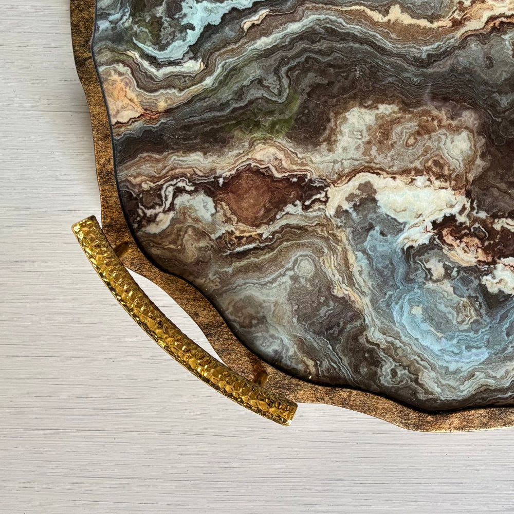 Marble Effect Flat Tray with Handles