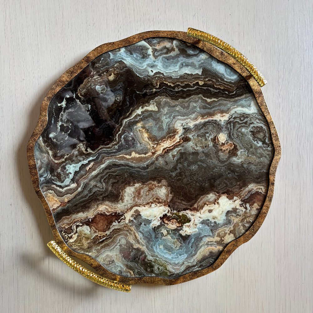Marble Effect Flat Tray with Handles
