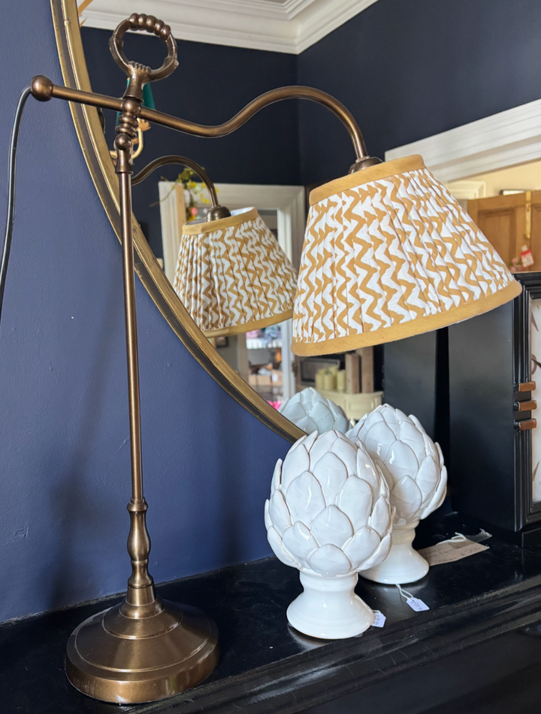 Adjustible Antique Brass Reading Lamp with Ikat Mustard Shade