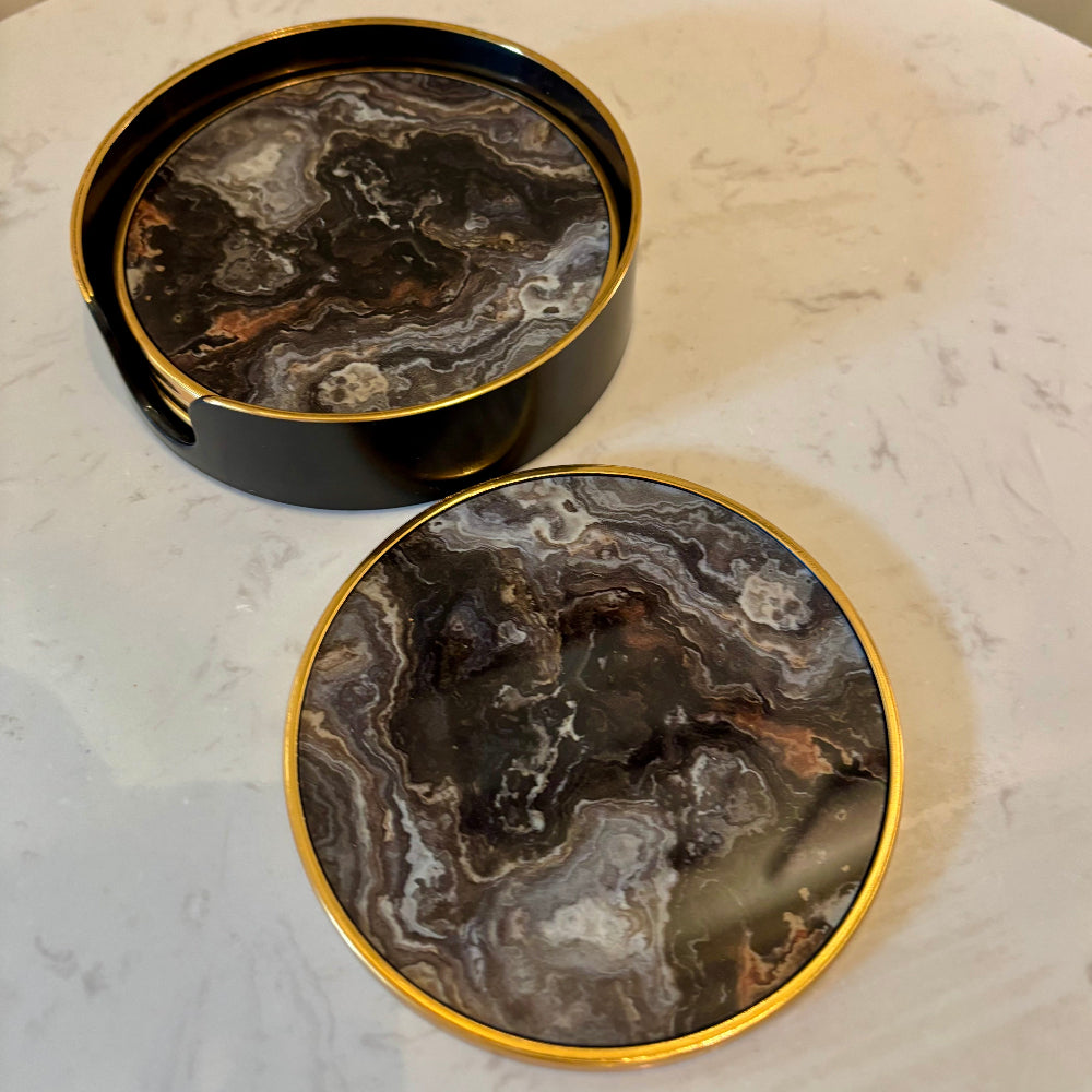 Set of 4 Black Marbled Gold Rimmed Coasters