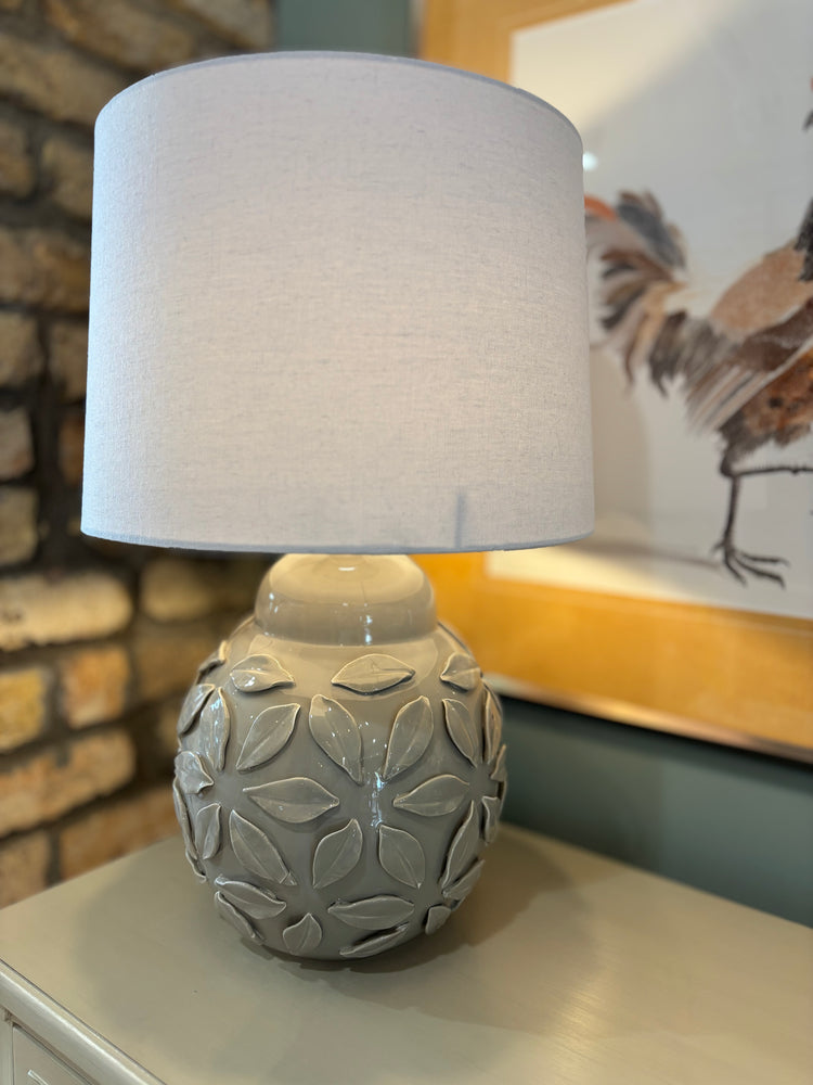 Grey Flower Lamp with White Linen Shade