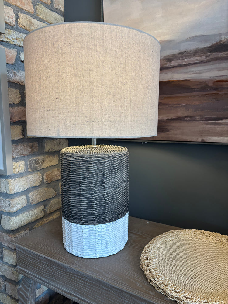 Two Tone Ceramic Rattan Effect Lamp with Linen Shade