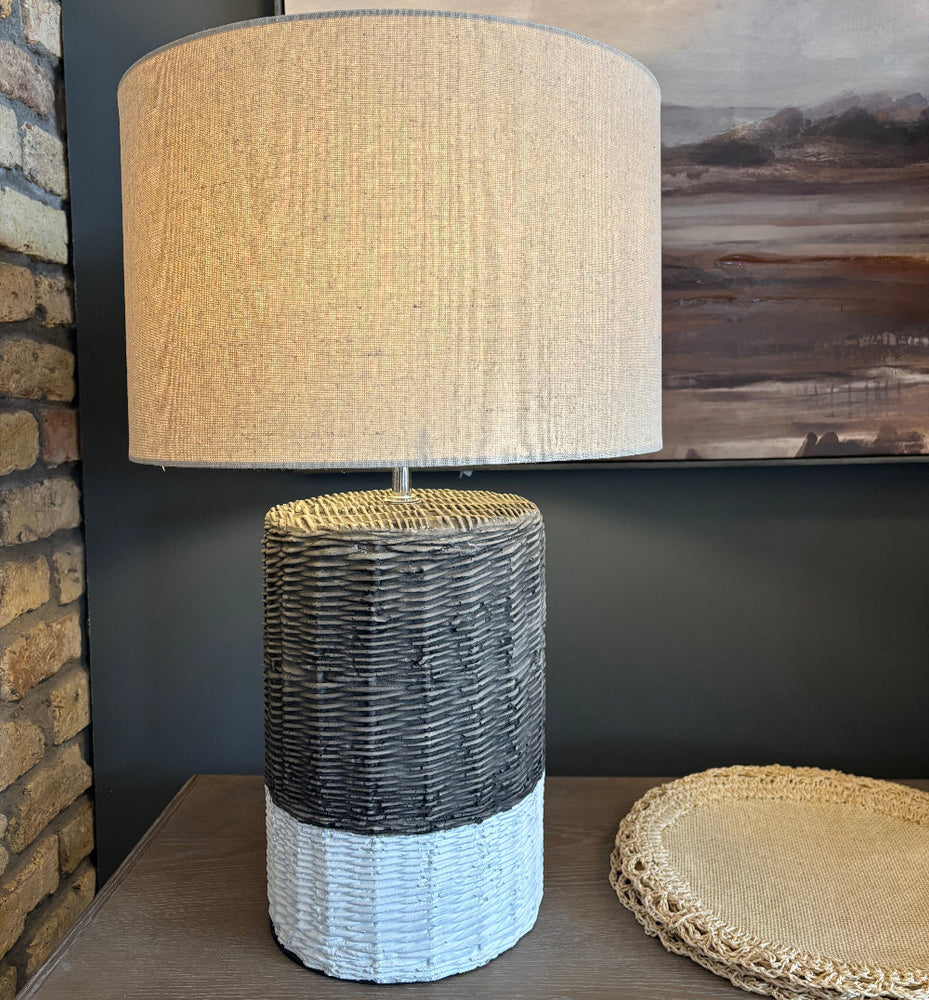 Two Tone Ceramic Rattan Effect Lamp with Linen Shade