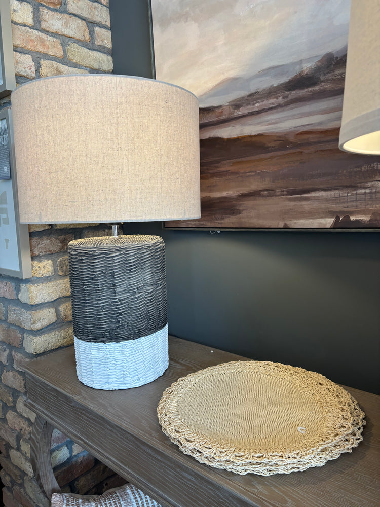 Two Tone Ceramic Rattan Effect Lamp with Linen Shade