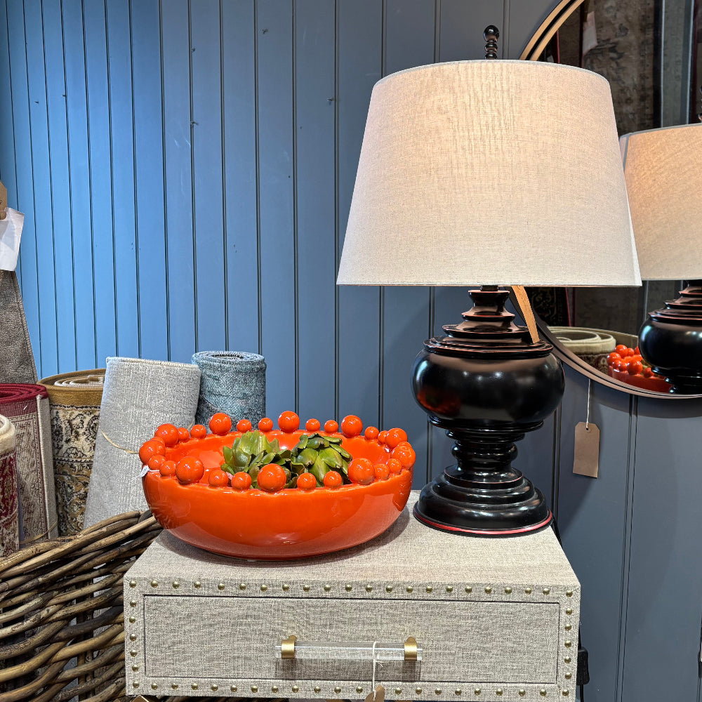 Bulbous Black Lamp with Beige Linen Shade