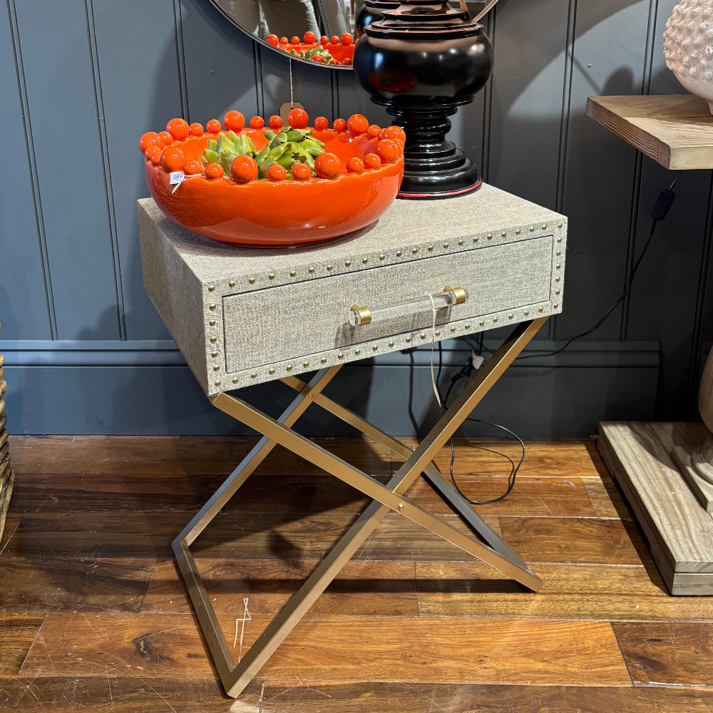 Gold Studded Linen Covered Side Table
