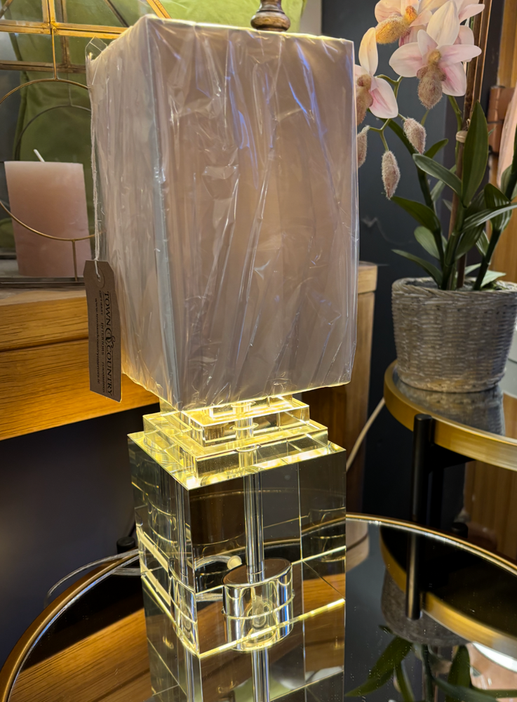 Crystal Cube Base Table Lamp with Linen Shade