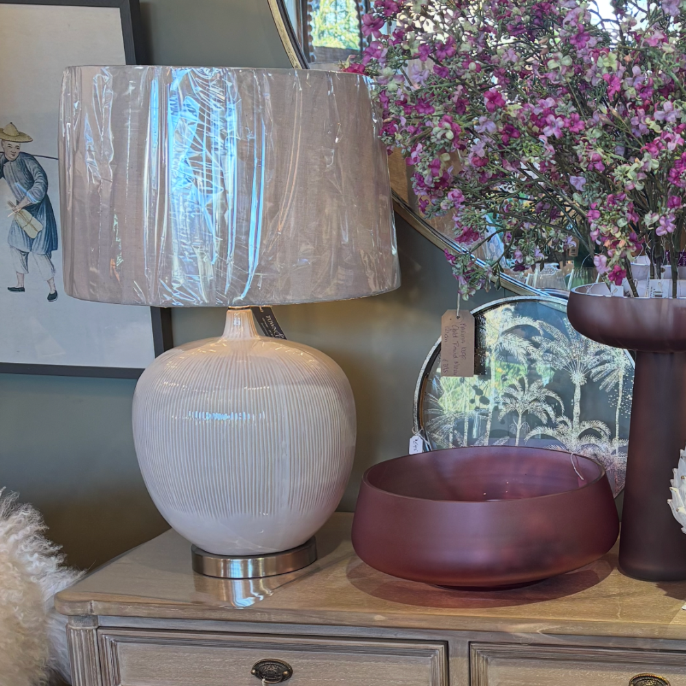 Cream Ribbed Ceramic Table Lamp with Linen Shade