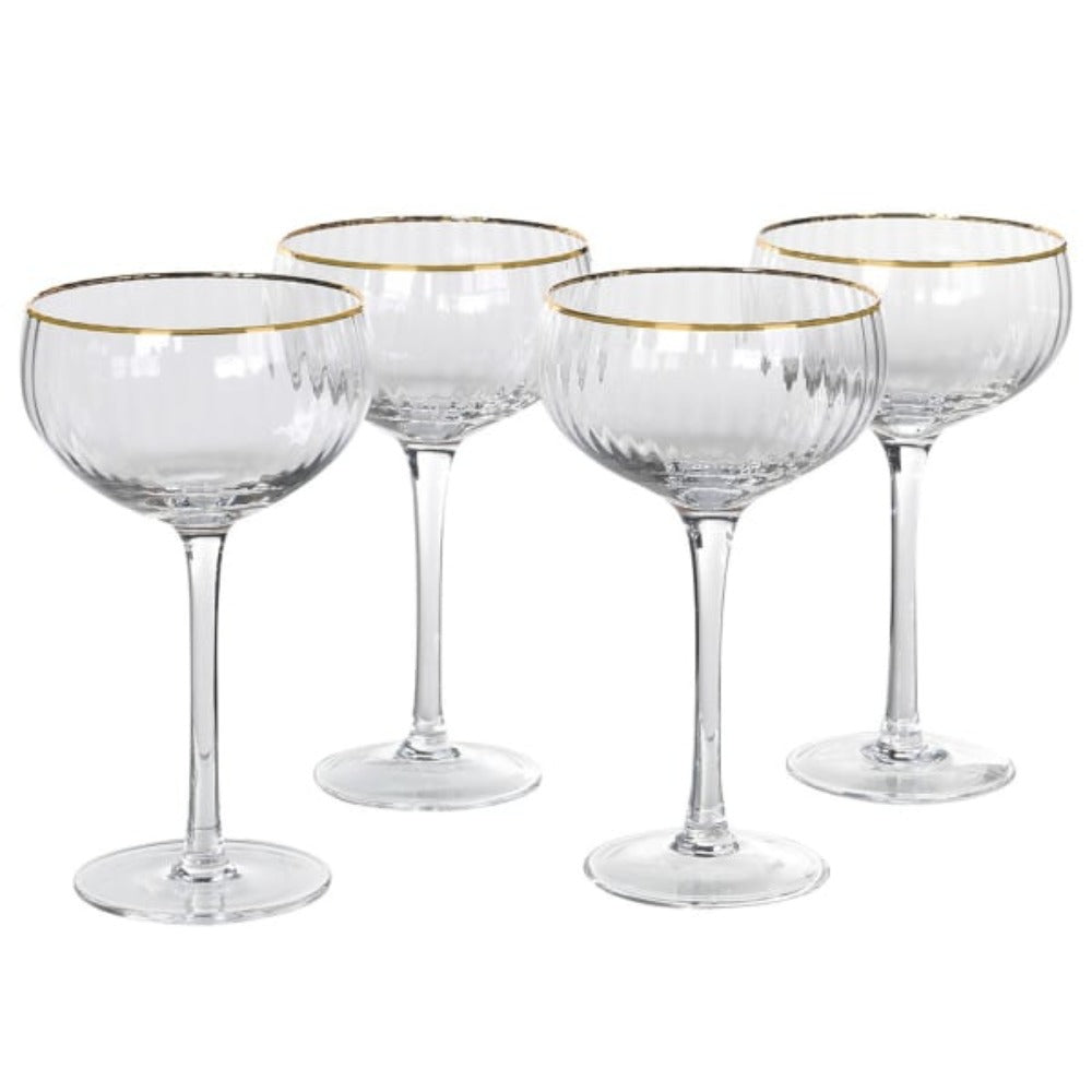 Set of 4 Gold Rim Ribbed Round Champagne Glasses