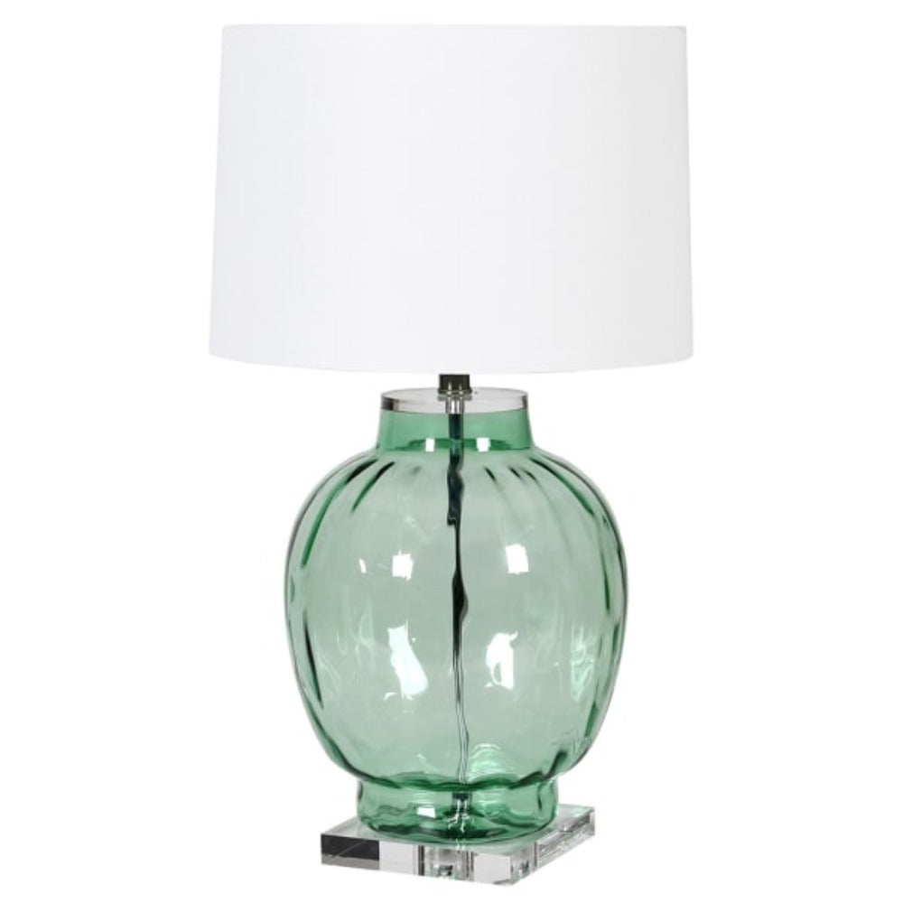 Green Glass Bubble Lamp with White Linen Shade
