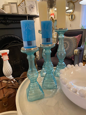 Opaque Blue Glass Candle Stands