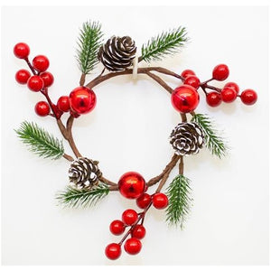 Frosted Candle Ring with Pinecones & Red Berries