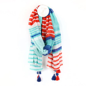 
            
                Load image into Gallery viewer, Aqua Blue &amp;amp; Red Stripe Scarf With Tassels
            
        