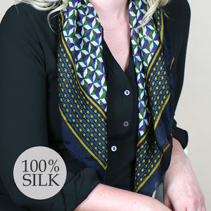 100% silk square scarf with navy and mustard geometric print