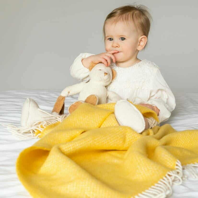 
            
                Load image into Gallery viewer, Irish Cashmere Baby Blanket Baby Yellow Herringbone in a presentation box.
            
        