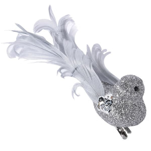 
            
                Load image into Gallery viewer, Silver Curl Glitter Feather Bird Decoration
            
        