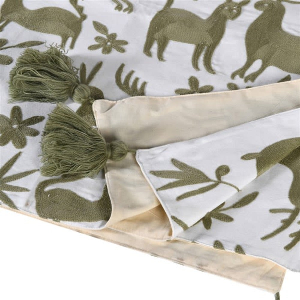 Sage Embroidered Deer Throw with Tassels