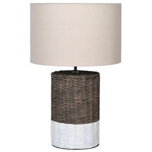 
            
                Load image into Gallery viewer, Two Tone Ceramic Rattan Effect Lamp with Linen Shade
            
        