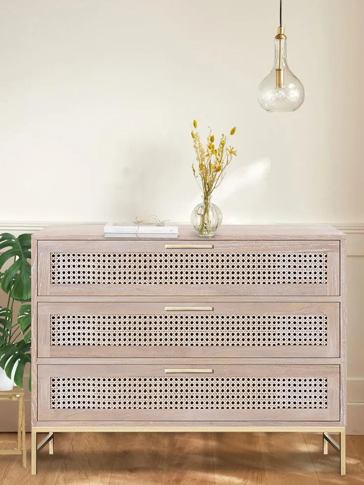 Natural Rattan 3 Drawer Chest – Gold