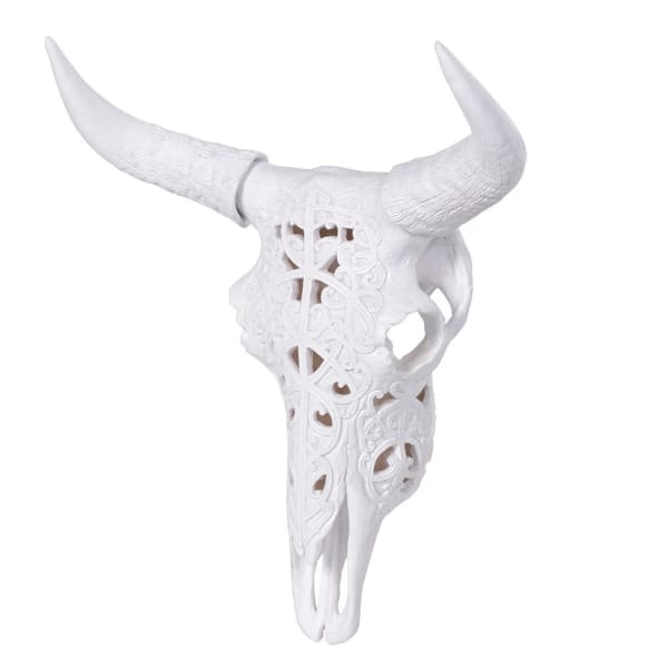 White Decorated Skull with Horns Wall Mount