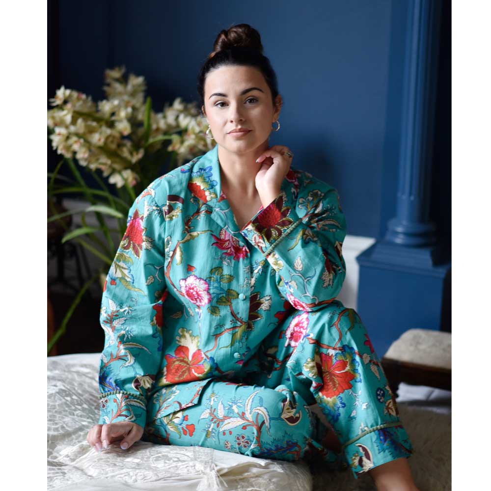 Teal Exotic Flower Print Pyjamas