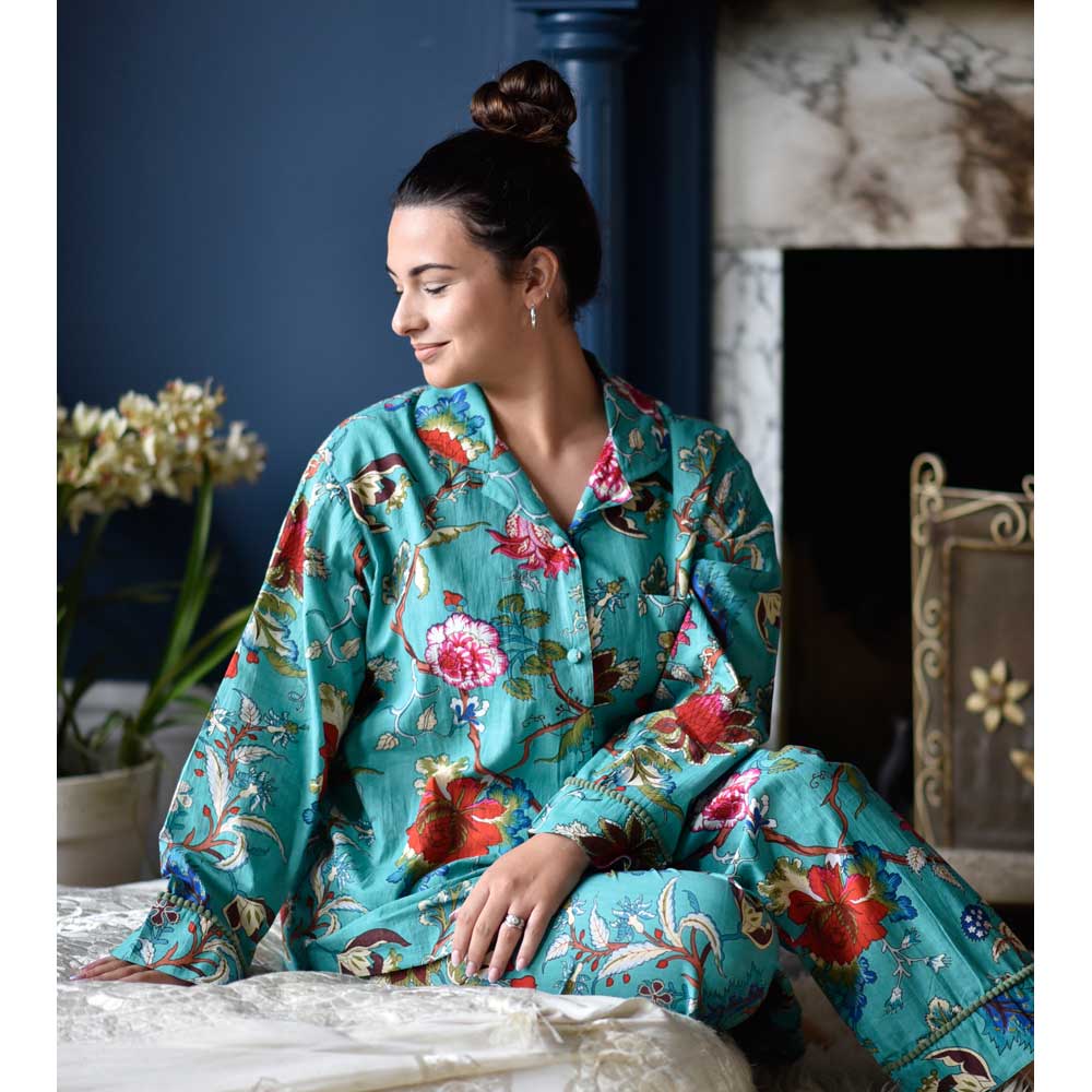 Teal Exotic Flower Print Pyjamas