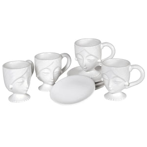 Set of 4 White Face Cup and Saucers