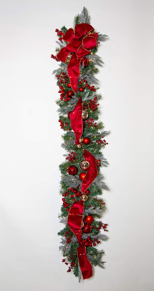 Red & Champagne Baubles Xmas Garland with Lights 180 & 240cm length