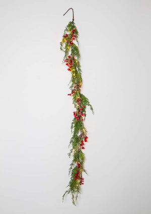 Frosted Garland with Red Berries and Lights