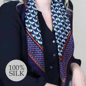 100% silk square scarf with blue and red geometric print