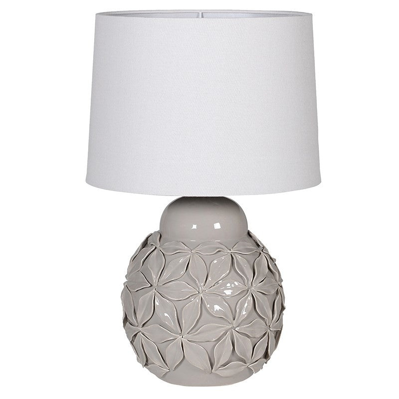 Grey Flower Lamp with White Linen Shade