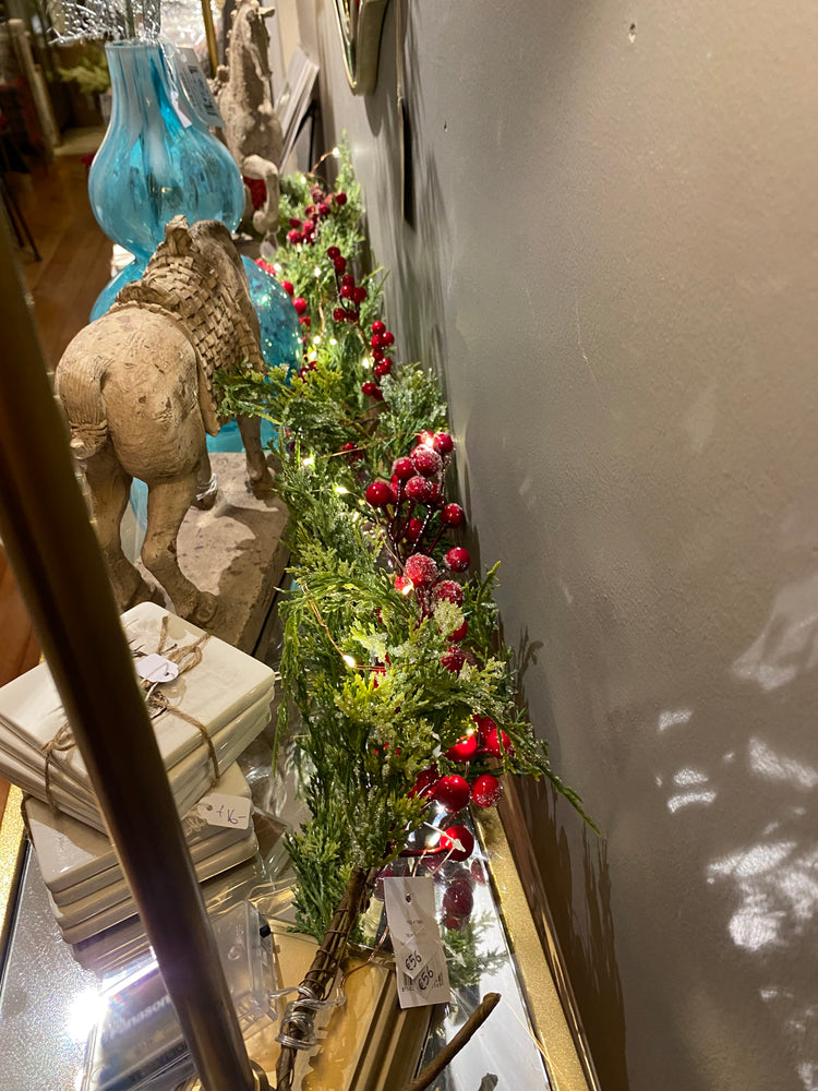 Frosted Garland with Red Berries and Lights