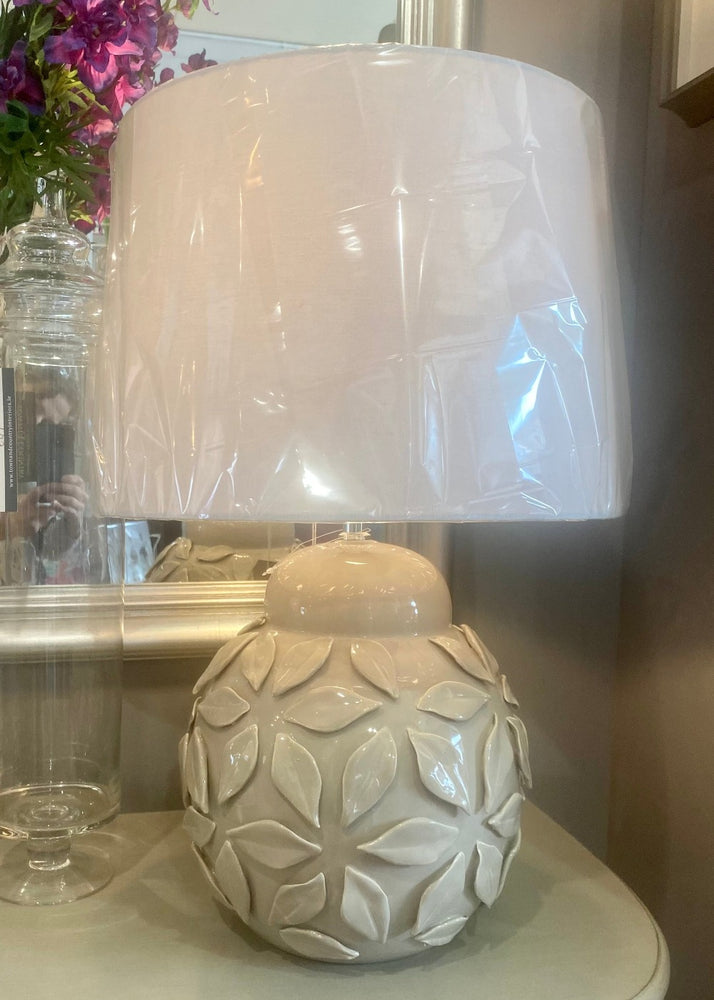 Grey Flower Lamp with White Linen Shade