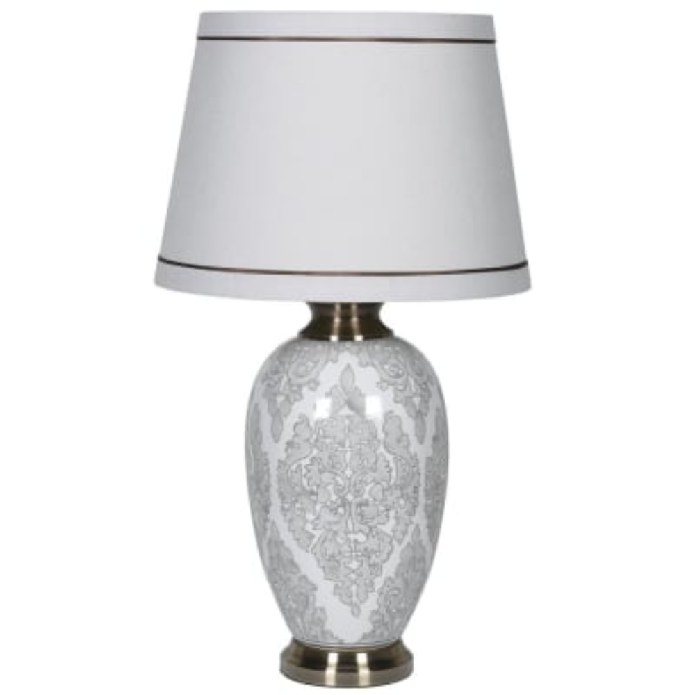 Soft Grey Patterned Lamp with Striped Shade