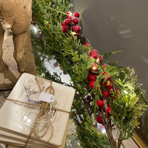 Frosted Garland with Red Berries and Lights